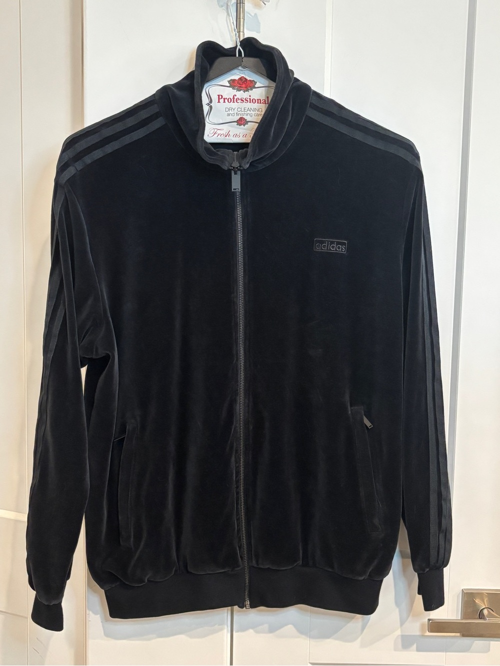 adidas Black Velour Full-Zip Track Jacket with Three Stripes. Size XL - Picture 2 of 9